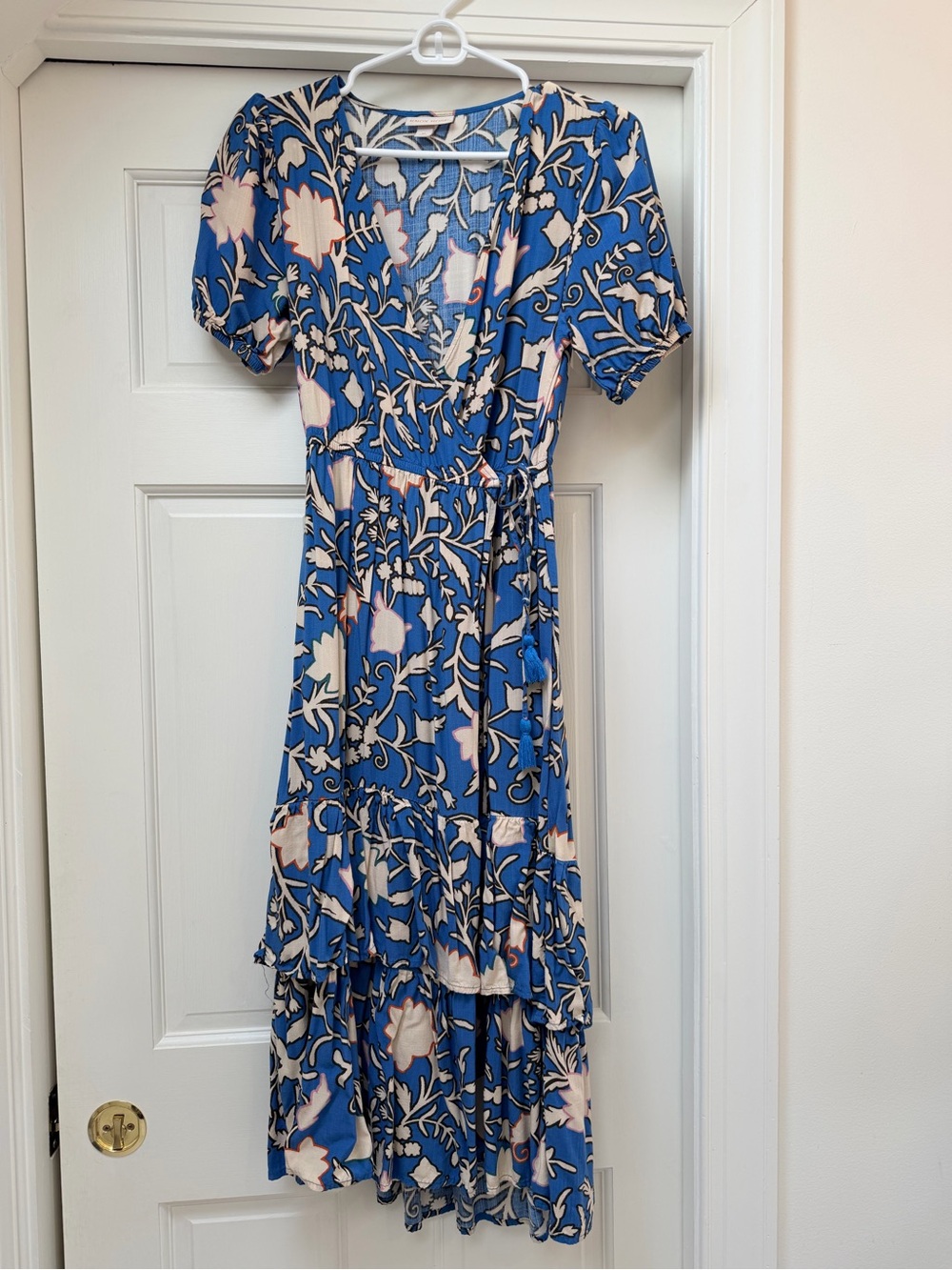 Blue Floral Wrap Midi Dress - V-Neck with Tiered Skirt